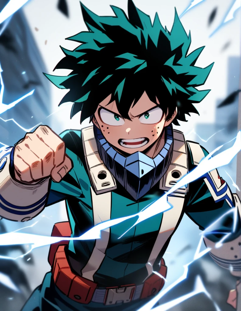 1boy, male focus, midoriya izuku, boku no hero academia, injury, electricity,, masterpiece, best quality, very aesthetic, absurdres