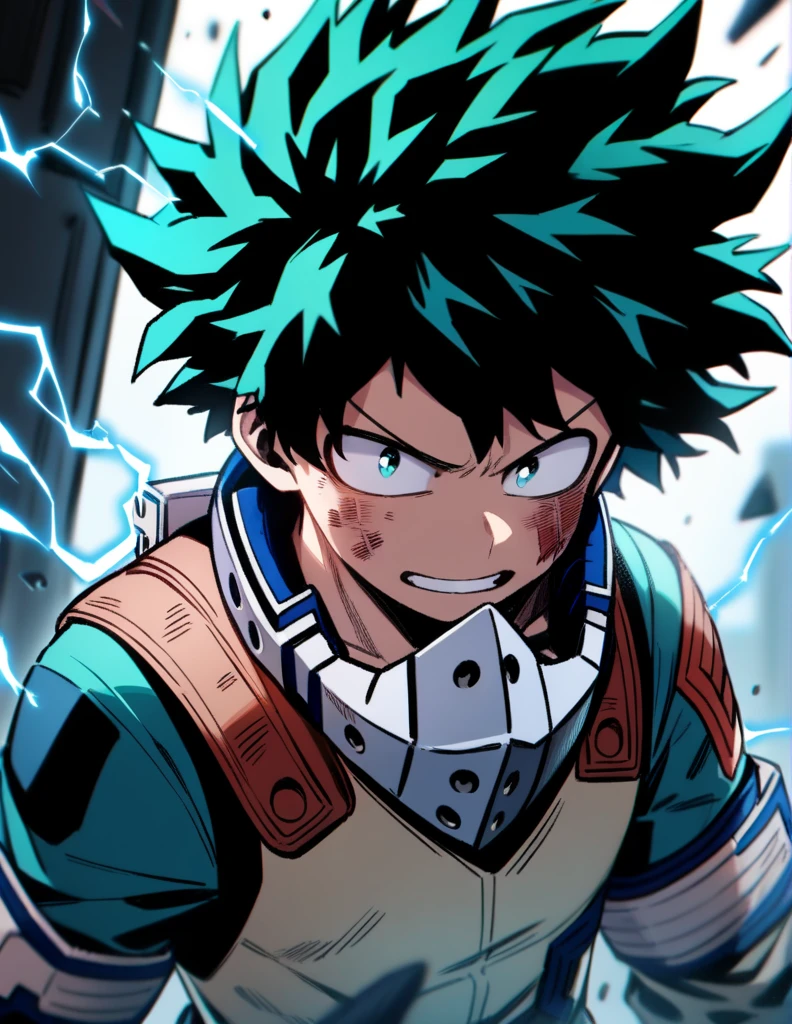 1boy, male focus, midoriya izuku, boku no hero academia, injury, electricity,, masterpiece, best quality, very aesthetic, absurdres