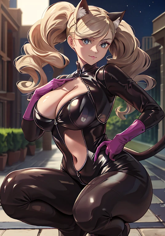 (masterpiece,best quality),((ultra detailed,extremely intricate,ultra high res,RAW,HDR,)),,inely detailed beautiful eyes, (photorealistic:1.2)city roof top, outside, night, 1girl, squatting, back to the viewer, viewed from behind,view focus on her ass, takamaki anne, natural breasts, huge breasts, huge ass, huge thighs, narrow waist, wide hips, thick thighs, curvy, (black clothes black skintight latex swimsuit with unzipped zippers ), cat ears, cat tail, blonde hair, twin tails, dreamlike, dreamy, floaty, modelshoot style, sexy slutty quality, Detailed skin texture, detailed cloth texture, stunning gradient colors,ray tracing, side lighting, Rim lighting,best shadow, perfect female body,perfect breasts,perfect hips,perfect anatomy,smooth midriff,skiny and thin, lustrous skin, glossy skin,slim legs,shiny skin,