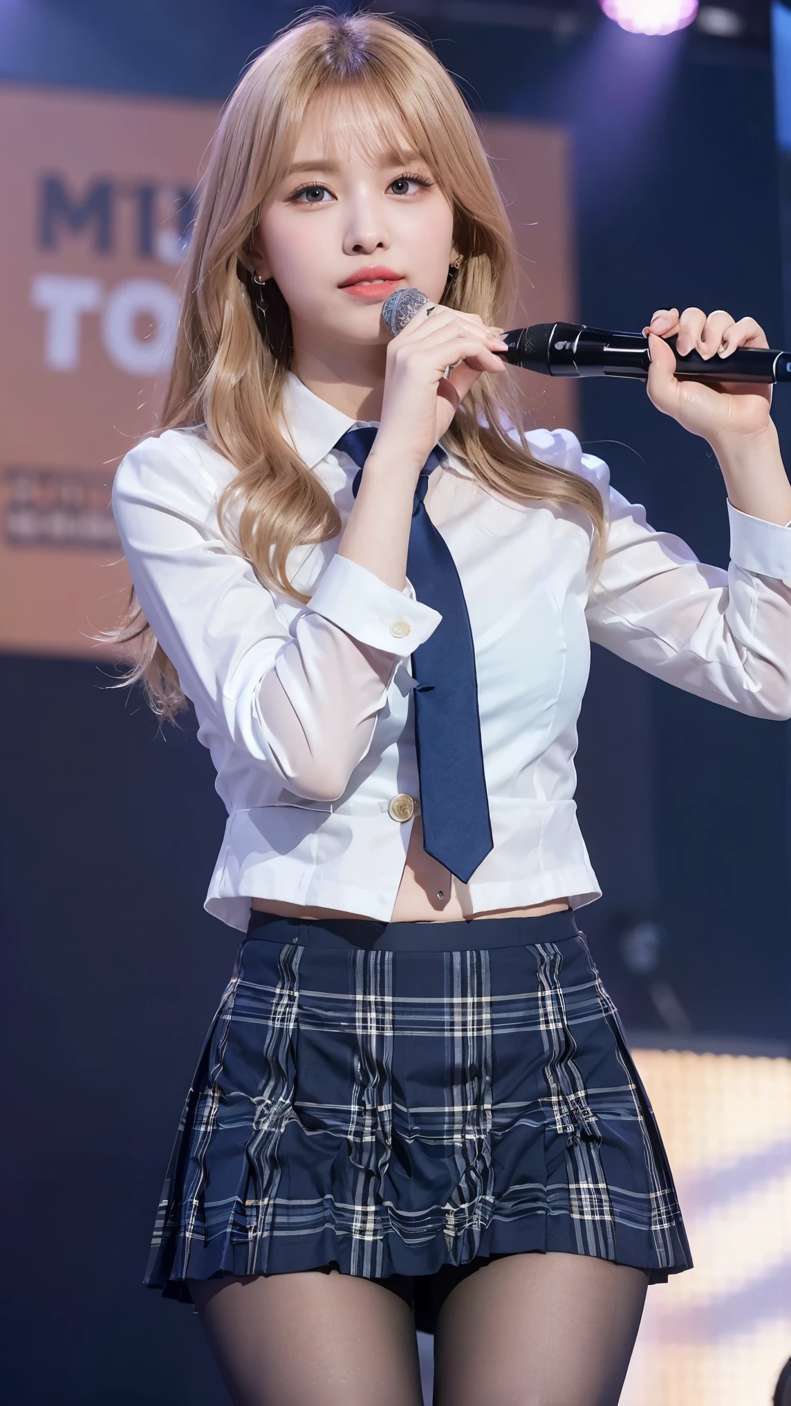 (8K), (highest quality: 1.2), (realistic), (realistic: 1.47), ultra high resolution, 1 girl, cute, smile, closed mouth, (thick lips:1.2),red lip,(Purse your mouth),beautiful details, beautiful nose,(Straight shiny pink blonde hair),Dancing on the concert stage,hold the microphone in your right hand,Bend your elbows and raise your hands,(University Student Uniform,A simple navy blue blazer,white satin shirt,tie,Tartan Check Pleated Skirt,opaque tights:1.2),(Close up on wet thighs:1.2),(knees),(super low angle:1.2),(medium shot),