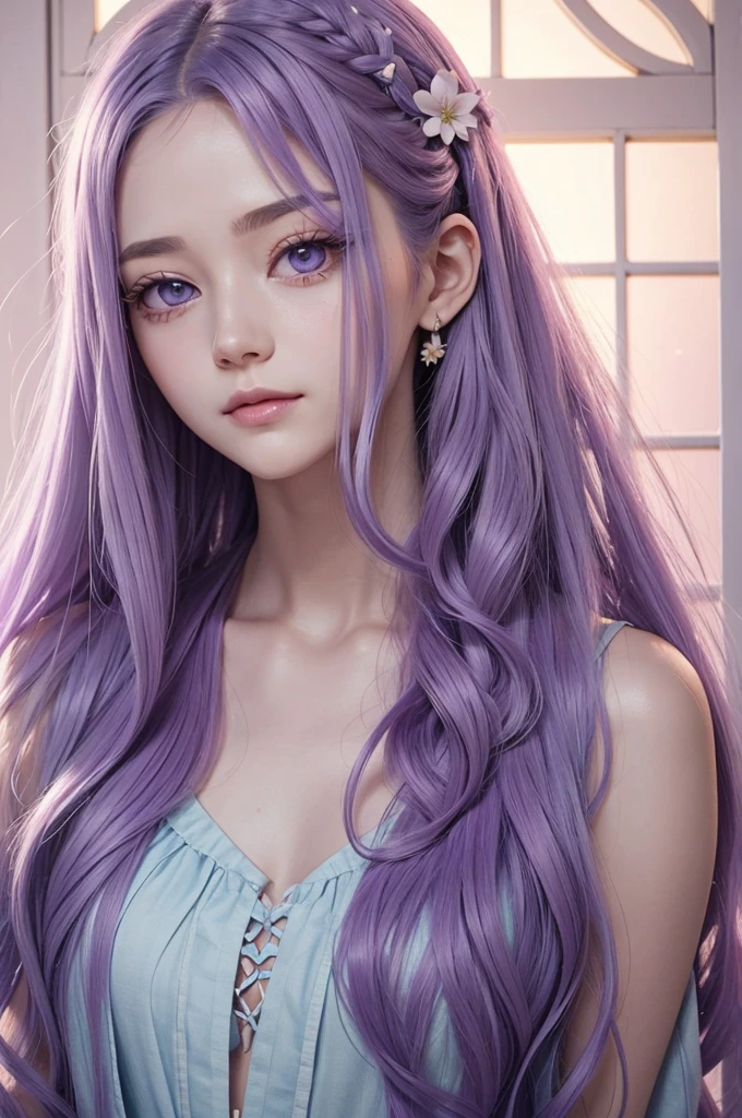 Pastel purple hair Wavy Long Hair long slit eyes Thin face Beauty live-action flower