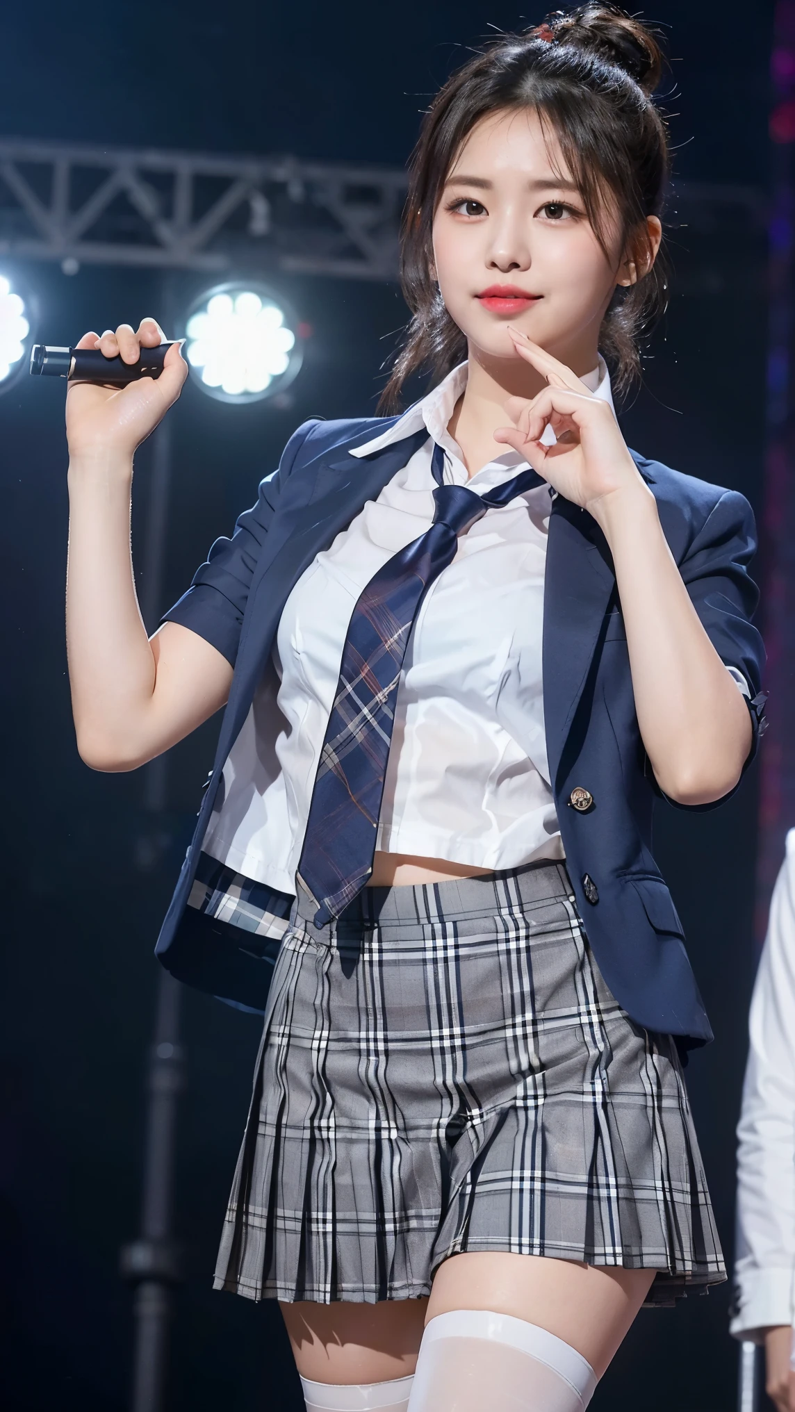 (8K), (highest quality: 1.2), (realistic), (realistic: 1.47), ultra high resolution, 1 girl, cute, smile, closed mouth, (thick lips:1.2),red lip,(Purse your mouth),beautiful details, beautiful nose,(Straight shiny black hair),(half bun),Dancing on the concert stage,Bend your elbows and raise your hands,(University Student Uniform,A simple navy blue blazer,white satin shirt,tie,Tartan Check Pleated Skirt,opaque tights:1.2),(Close up on wet thighs:1.2),(knees),(super low angle:1.2),(medium shot),