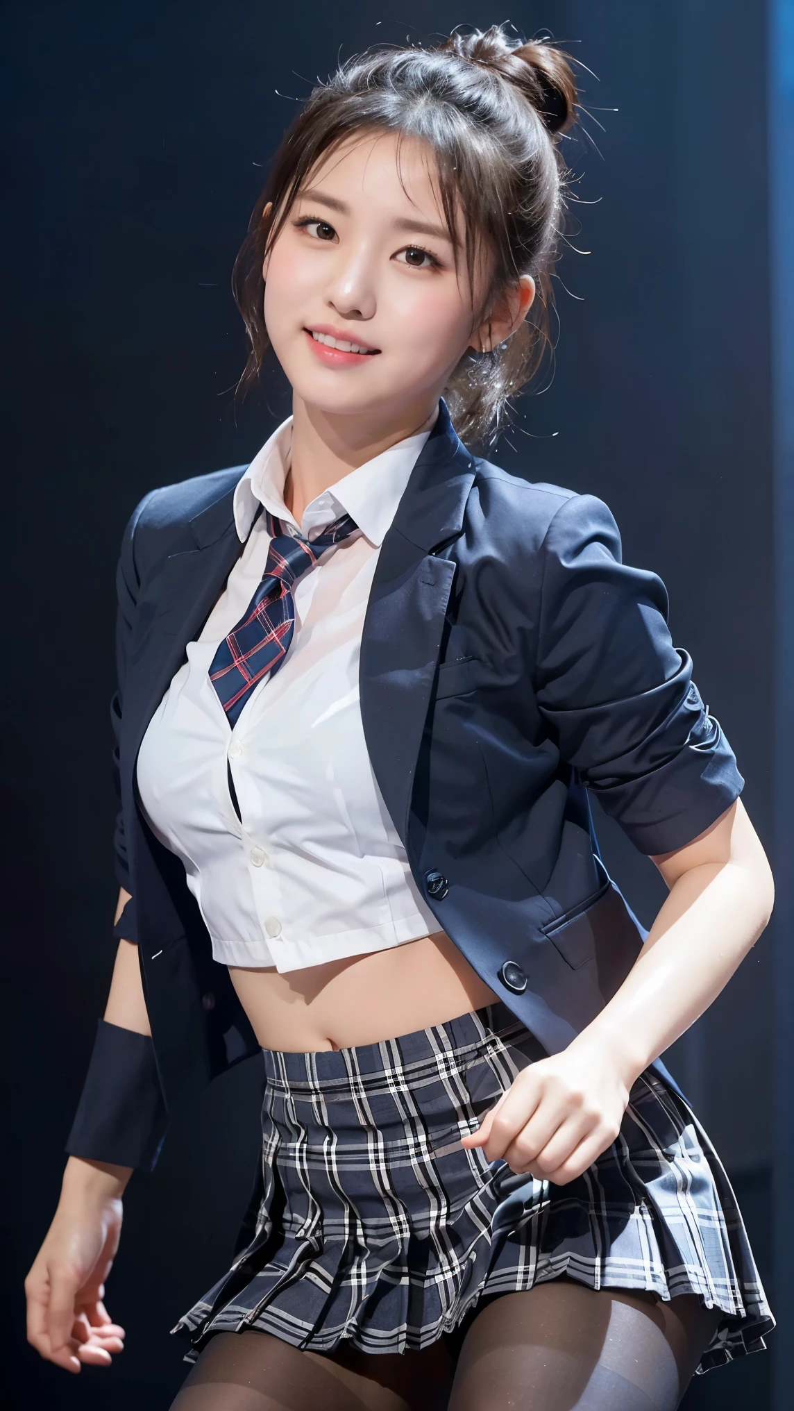 (8K), (highest quality: 1.2), (realistic), (realistic: 1.47), ultra high resolution, 1 girl, cute, smile, closed mouth, (thick lips:1.2),red lip,(Purse your mouth),beautiful details, beautiful nose,(Straight shiny black hair),(half bun),Dancing on the concert stage,Bend your elbows and raise your hands,(University Student Uniform,A simple navy blue blazer,white satin shirt,tie,Tartan Check Pleated Skirt,opaque tights:1.2),(Close up on wet thighs:1.2),(knees),(super low angle:1.2),(medium shot),