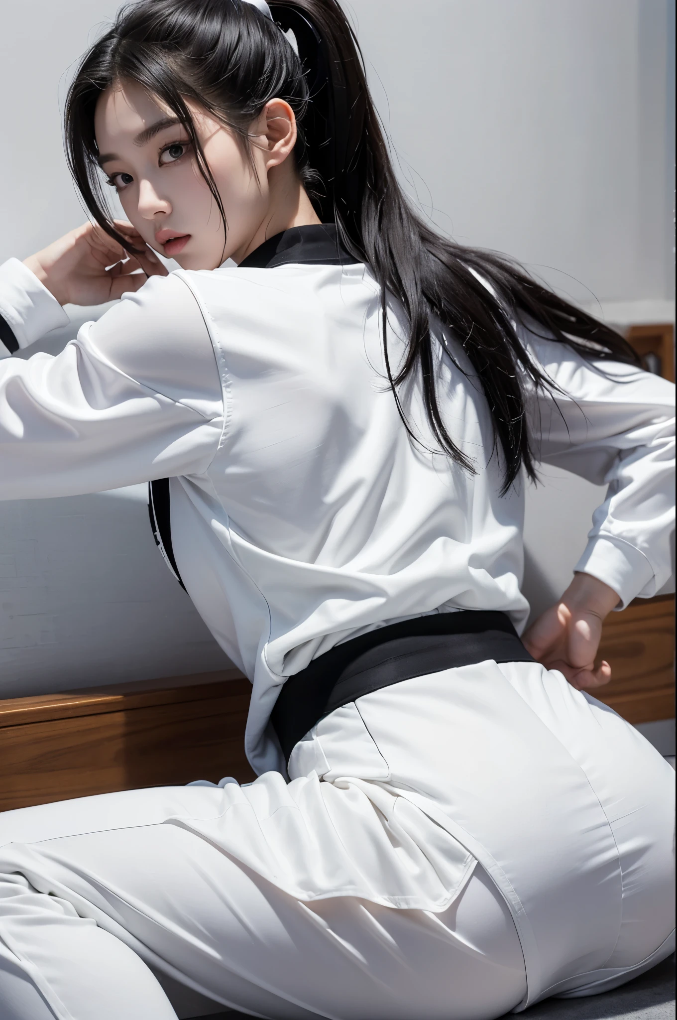 masterpiece, ultra details, best quality, 1 korean taekwondo girl, masterpiece, ultra details, best quality, black long straight hair, wearing sweaty white World Taekwondo Federation dobok uniform with black v-neck, wearing taekwondo blackbelt, wearing white martial arts pants without pockets, large sweaty butt, large breasts, laying on hotel bed showing butt, sweat on face, seductive facial expression