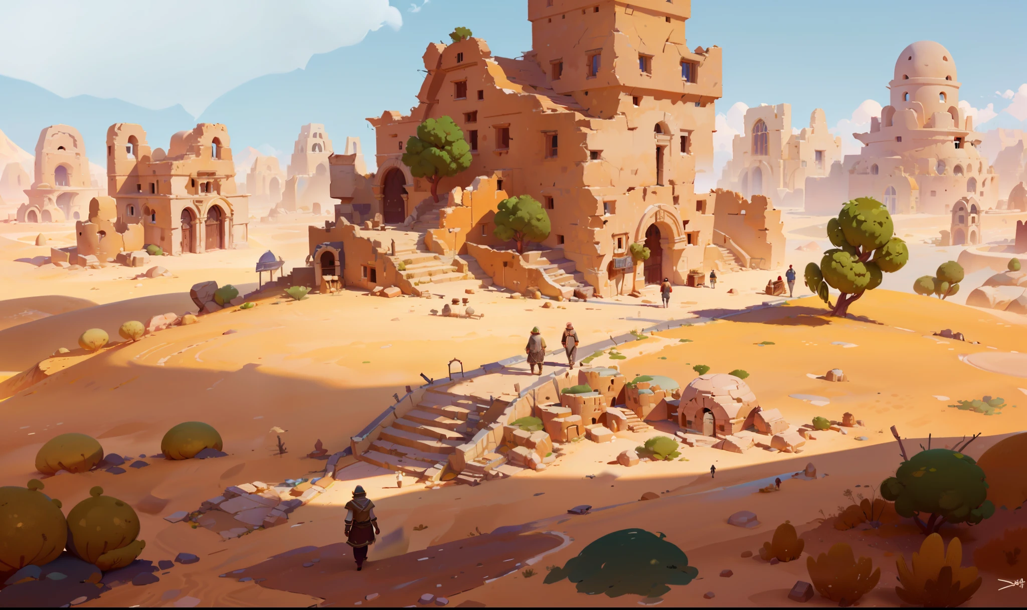 There are desert scene Egyptian architectural ruins, background art, Painted into game concept art, Stylized concept art, Background art, Desert Environment, Architectural Heritage Background, Digital Painting concept art, concept art, Sand and Desert Environment, concept art Style, Architectural Heritage, 2d concept art, Desert Wasteland, Environment, Landscape game concept art