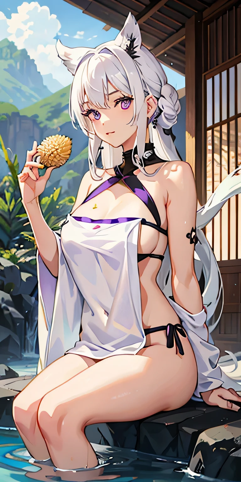 1 girl, white hair, purple eyes, Portrait, realistic, towel, (Onsen), holding a durian