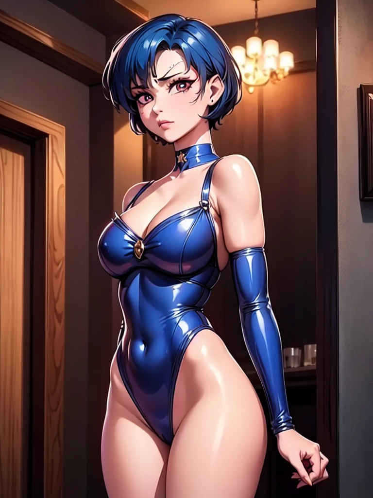 Full HD, 4K.(masterpiece:1.5), (best quality:1.5), amazing, beautiful detailed, extremely detailed wallpaper, extremely detailed CG unity 8k wallpaper, extremely delicate and beautiful, finely detailed, extremely detailed wallpaper, official art, detailed background, ,DollFace, ((30yr old,)) sailor mercury, blue hair,short hair ,red eyes,
black body suit, shoulder pads, cleavage,
upper body, cowboy shot, standing,
underworld, night red sky, bar,
(insanely detailed, masterpiece, best quality) solo,