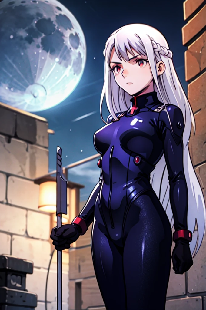  illyasviel_von_einzbern in the style of evangelion, shiny_skin, (clothe inspired by evangelion, aliens, gunbuster, gunnm, metal gear, death stranding), impossible_clothes, bodysuit, white & red bodysuit, suit, pilot suit, jumpsuit, plugsuit, armor, shiny_clothes, jacket, cybernetics suit, gloves, gainax anime style, studio gainax art, studio gainax illustration, inspired by Masamune Shirow, studio gainax, big breasts, two_side_up, full body, can't be this cute, girl on top, long_hair, white_hair, silver_hair, floating_hair, hair_between_eyes, asymmetrical hair, red_eyes, looking_at_viewer, outdoors, holding, holding_weapon, Spear of Longinus, cowboy_shot, background, glowing, moon, red, red moon, full_moon, moonlight, star_(sky), night, city, building, cityscape, science_fiction, ((mature female, mature, milf)), 