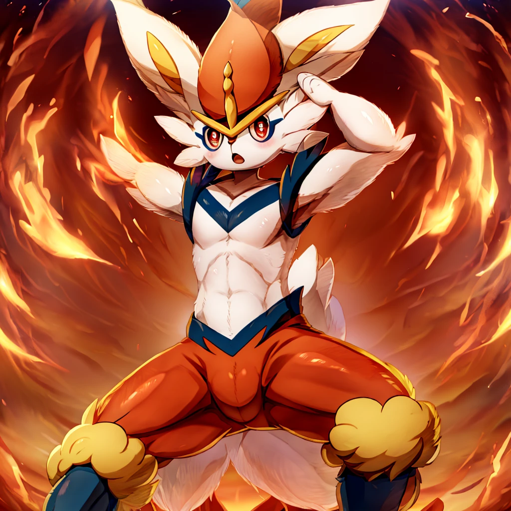 pokemon xd wallpapers by the - art - of - pokemon, an anthro rabbit, sfw version, kemono, koda kazuma, official art, cinderace and human fusion, most strongest pose, doing a hot majestic pose, anthro art, fox nobushi, white rabbit anime, young male anthro, furry anime, furry chest