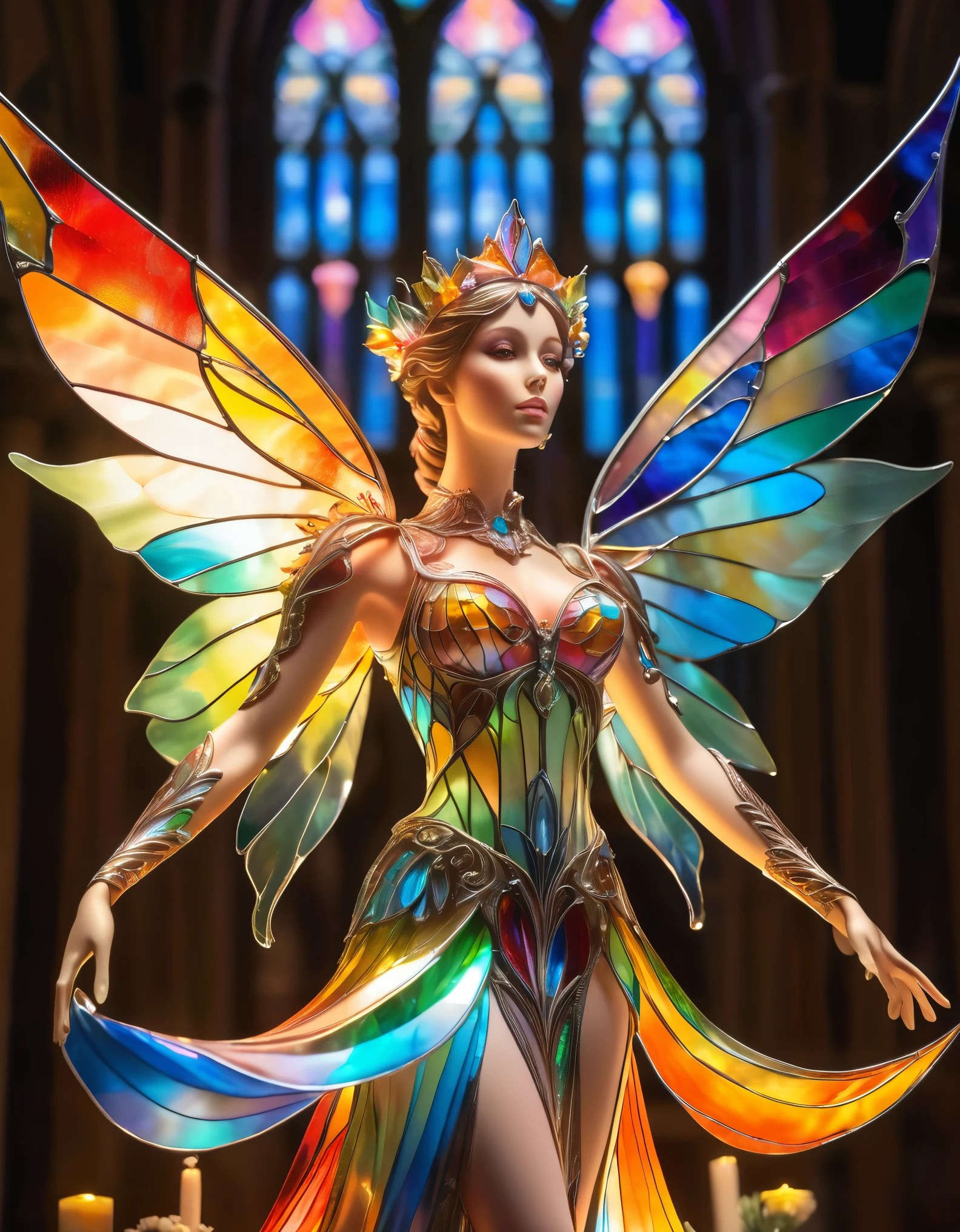 Close-up, A majestic fairy with multicoloured non-transparent stained glass wings towers over a altar, casting a colorful glow around herself.
