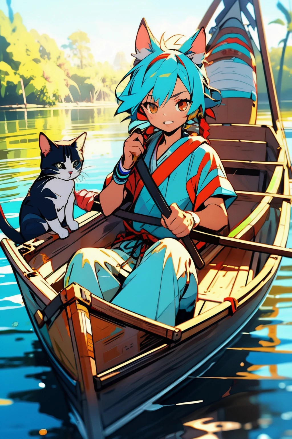 Male, furry, cat, tribal fishing tunic, tribal fishing pants, sitting, canoe, highly detailed, crystal clear lake, beautiful colors, punchy colors