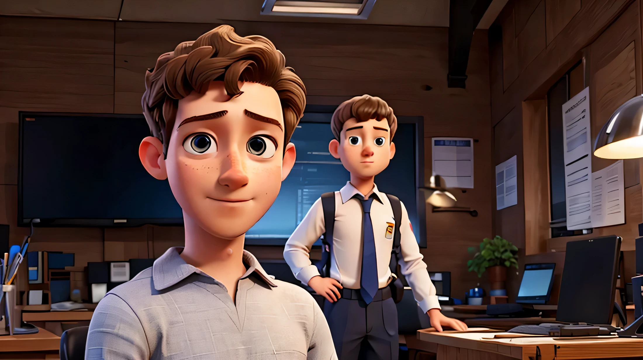 A MAN LOOK LIKE MARK ZUCKERBERG STANDING IN A OFFICE VERY DETAILED AND SHARP EYES DETAILED FACIAL EXPRESSION NO EXTRA LIMBS