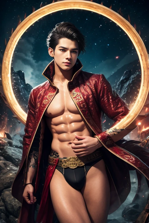 handsome young man, 25 years old, Asia, expert'your work, Best picture quality, higher quality, Highly detailed, Ultra high resolution, 8k resolution, delicate facial features, boy, Big muscles, tattoo, glowing eyes, short hair, hair details, [[turn away, look to the side, Focus on homosexuality and pay attention to every detail.. , Open Hanfu Sheer Gauze Jacket, not have bottoms,Wear white underwear,blue crystal belt, at night, starry sky, flying flowers. waterfall, mountain, dragon circle, Chinese patio background (((((Convex crotch))))),decorated with crystals,crystal rod,pile of crystals,crystal floating in the air