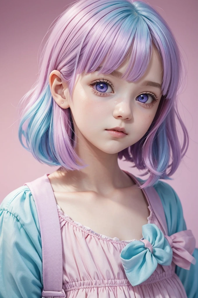 Pink and light blue dreamy hair Wave Shorthair Big purple eyes -facel live-action pastel colour