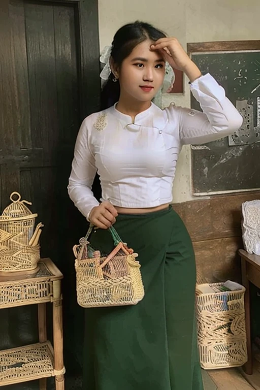 there is a woman standing in a green skirt and white shirt, nivanh chanthara, wearing traditional garb, traditional dress, wearing headmistress uniform, traditional clothes, wearing authentic attire, in style of lam manh, white shirt and green skirt, nuttavut baiphowongse, student, 30 years old woman