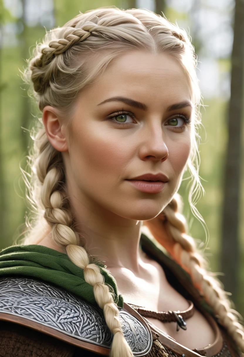 masterpiece:1.2), ultra-detailed, (realistic, photo-realistic:1.37), portrait, (viking woman), scandinavian, 35 years old, chubby, "Ingrid Mueller" (light blonde hair braids), birch forest, natural lighting, soft shadows, green color palette, relaxed expression, braided hair, gentle smile, peaceful atmosphere, spring leaves, fine art,full shot, natural body, natural pose, (medieval viking clothing), subtle wind blowing, serene mood, harmonious background, high resolution, detailed eyes, rosy cheeks, happy demeanor full shot, photorealistic, Gothic art, Gothic art, best quality, 4k, 8k, highres