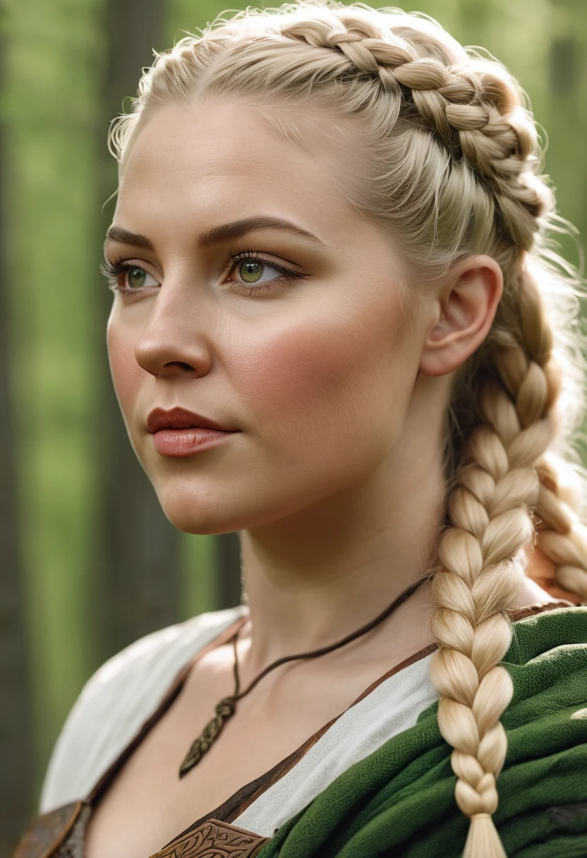 masterpiece:1.2), ultra-detailed, (realistic, photo-realistic:1.37), portrait, (viking woman), scandinavian, 35 years old, chubby, "Ingrid Mueller" (light blonde hair braids), birch forest, natural lighting, soft shadows, green color palette, relaxed expression, braided hair, gentle smile, peaceful atmosphere, spring leaves, fine art,full shot, natural body, natural pose, (medieval viking clothing), subtle wind blowing, serene mood, harmonious background, high resolution, detailed eyes, rosy cheeks, happy demeanor full shot, photorealistic, Gothic art, Gothic art, best quality, 4k, 8k, highres