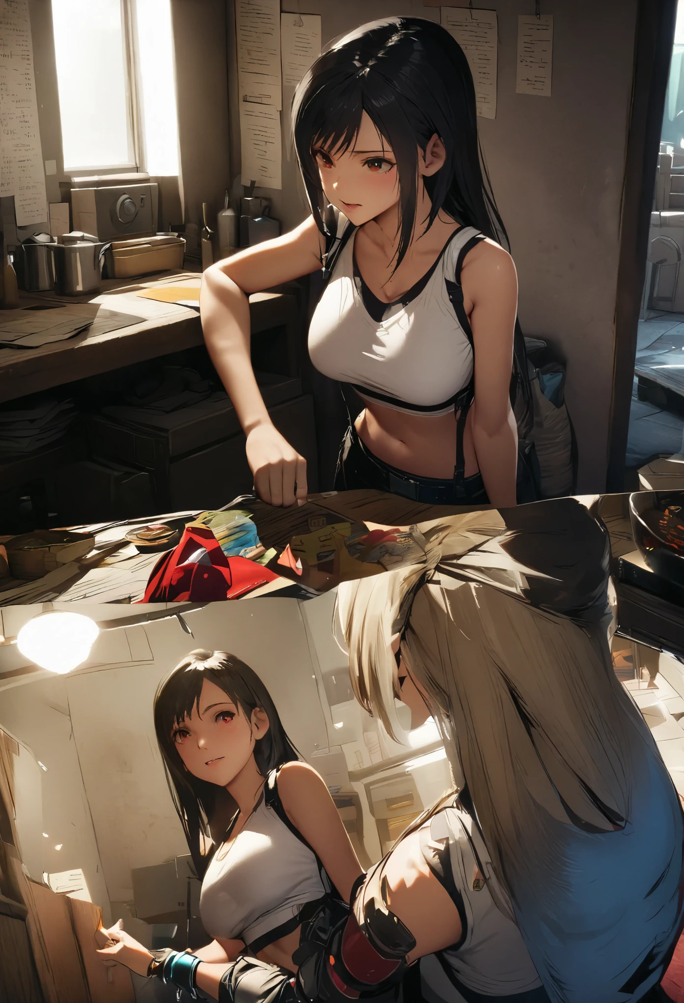 tifa_outfit，Comic board:2, daily life scenes，anatomy correct， masterpiece，ultraclear，hyper HD,the detail，beautiful