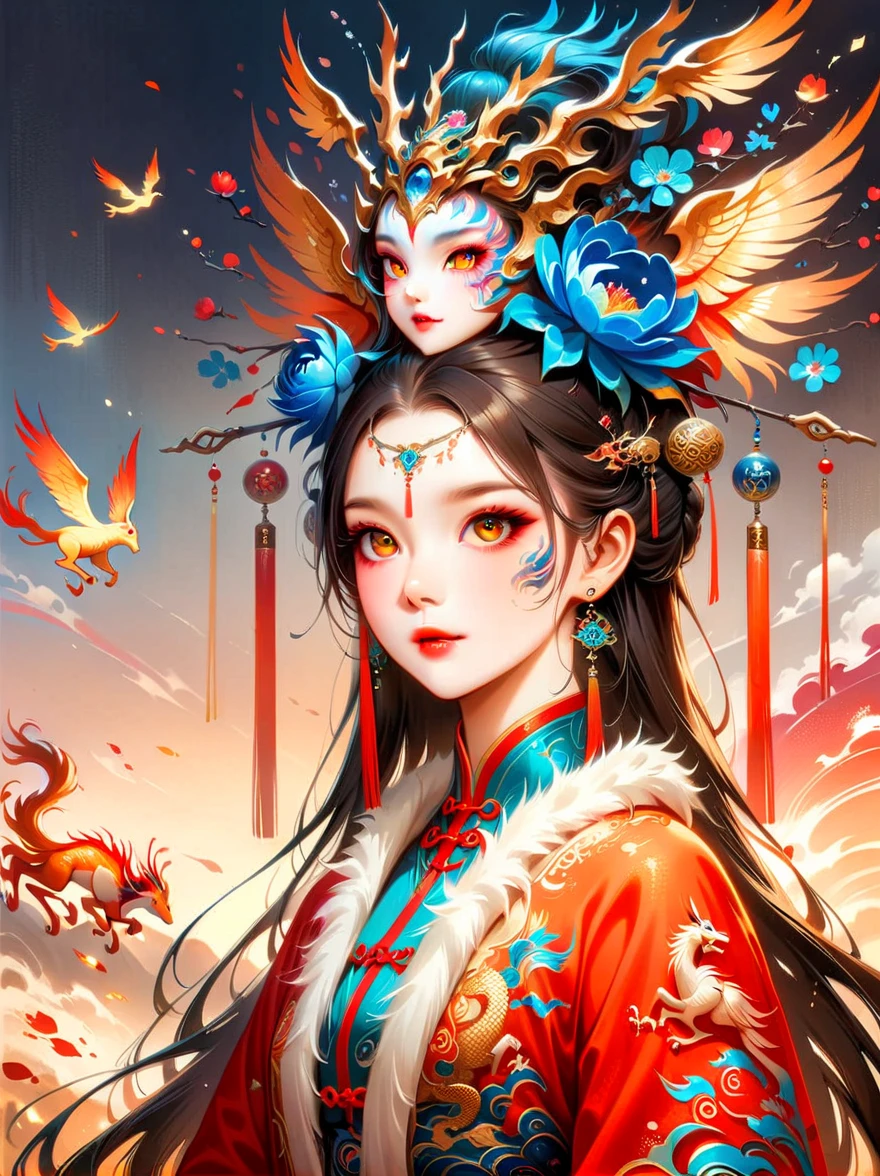 Works of Chinese style masters，(best quality, 4K, high resolution, masterpiece:1.2)，Super detailed，lifelike，shining，Era Spirit，dream色彩，art，Ethereal，dream，whimsical creatures，detailed facial features，glowing eyes，Elf Beauty，Ethereal光辉，mythical creatures，composition，Dazzling colors，Stunning visual effects，otherworldly appearance，Fascinating artistry