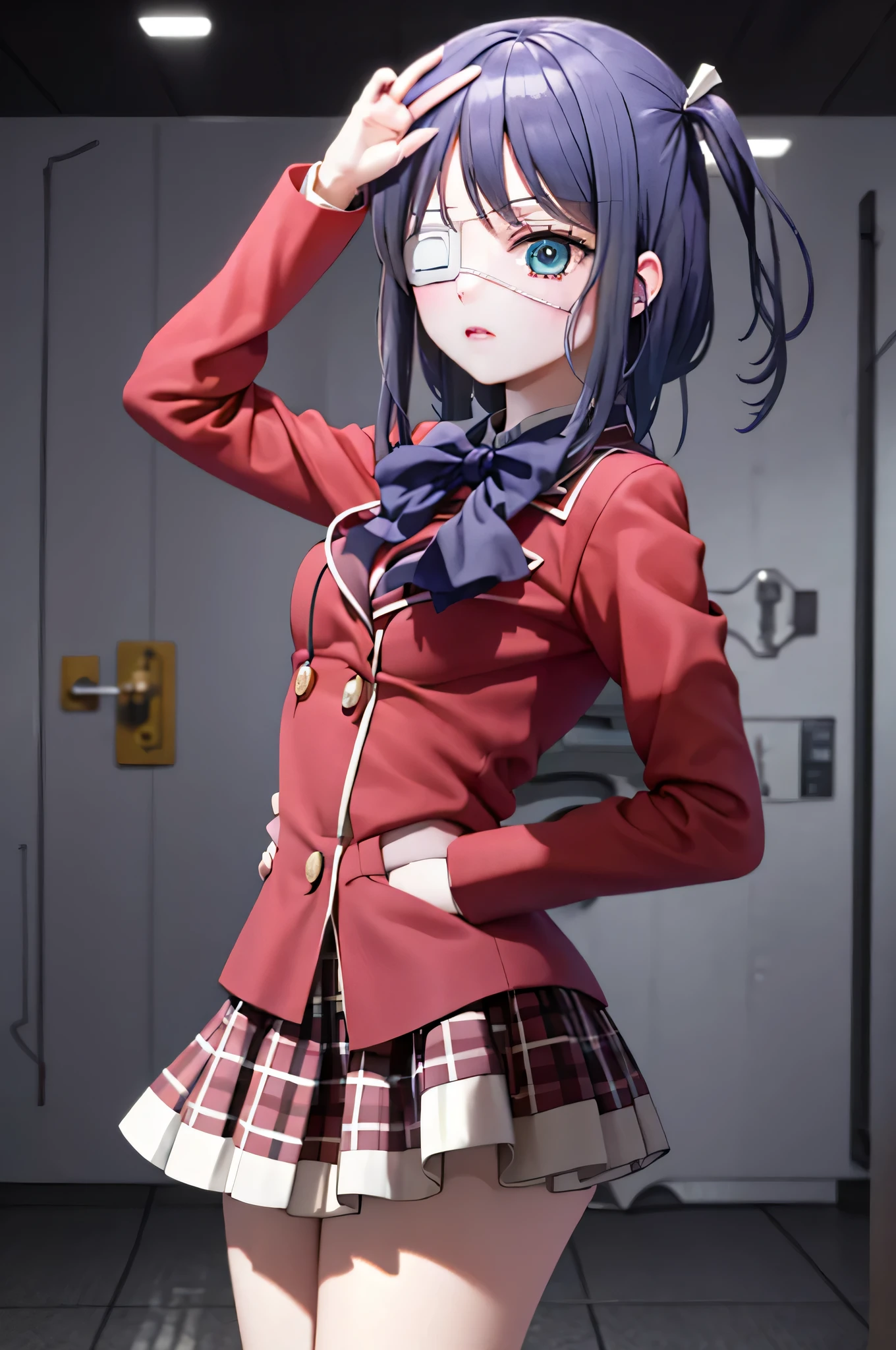 (Masterpiece, Best Quality:1.2), Cowboy shot, solo, 1girl, Takanaour rich, expressionless, looking a viewer, Hands Behind Your Back, one side up, ahoge, blue eyes, Medical eye patch, , jacket, plaid skirt kneeling on the gym storage room