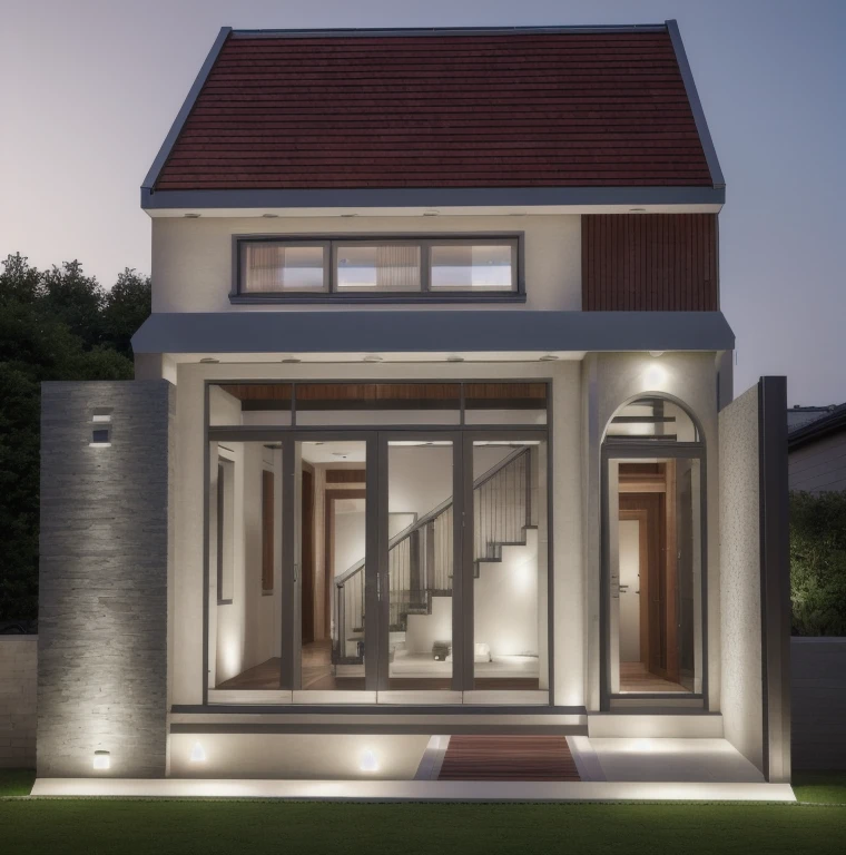 a rendering of a modern house and a garden, modern style, beautiful roof, red roof realistic, green grass ultra realistic, grass garden in the front yard, house gate decorated with natural stone, sofa, tv, windows have blind, doors have blind, in front of house have chair and table , at sunset ultra realistic, interior lights ultra realistic, exterior design, highly realistically detailed, complex and detailed