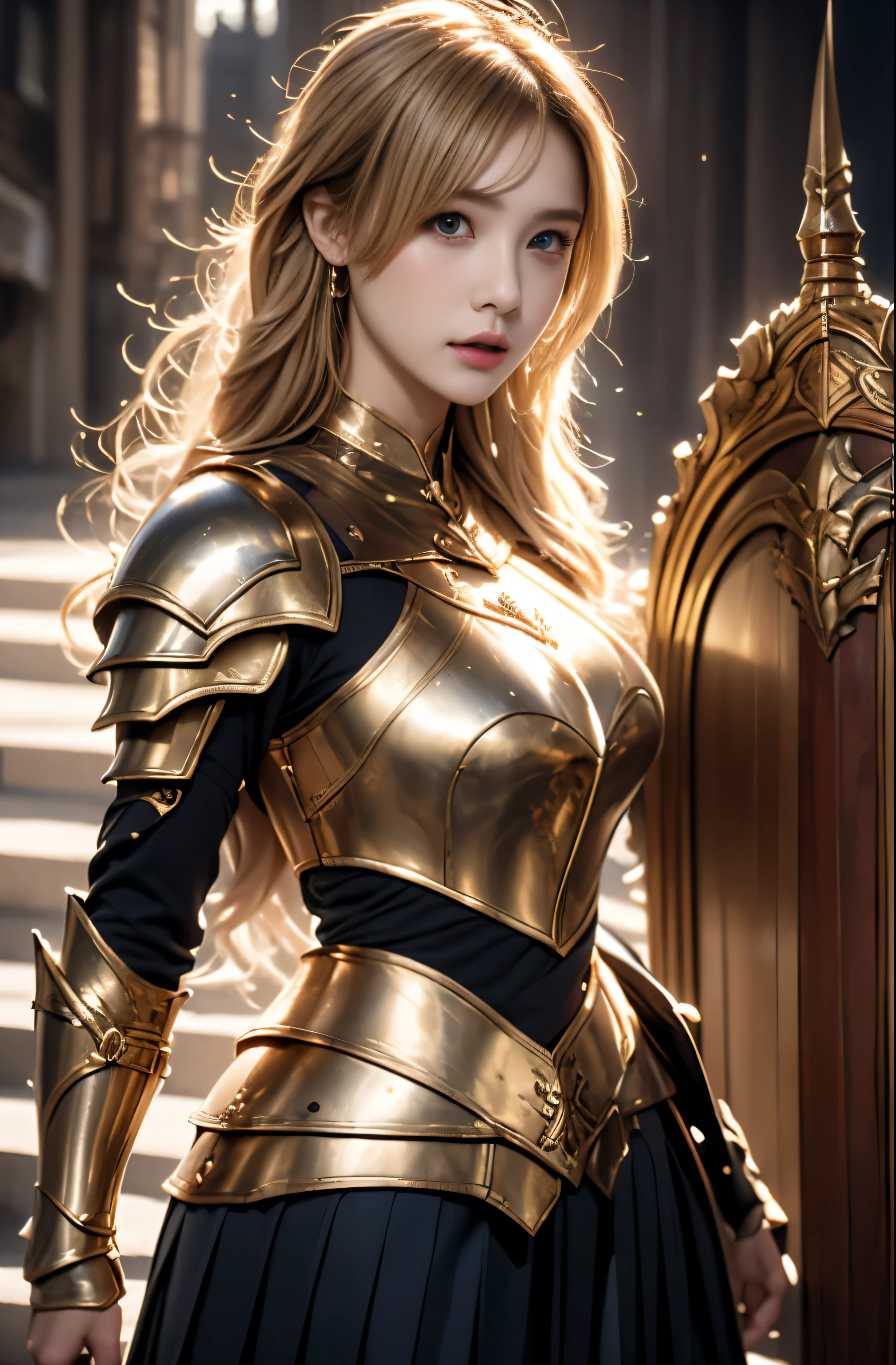 bright look、ponytale、young, sparkling, White and radiant skin、Best Look、The reflection of blonde hair、Platinum blonde hair with dazzling highlights、shiny light hair,、Super Long Silk Straight Hair、Radiant beautiful bangs、Radiant clear attractive big blue eyes、Very beautiful, dashing, Cute 16 year old girl、Lush bust,Beautiful detailed eyes, Beautiful detailed nose,(( s whole body:1.25)),Makeup emphasizes the eyes、((pleated skirt:1.3)),(Women like Joan of Arc:1.3)、(S armor:1.3)、knightage, (Equipped with a sword and shield:1.2)，Royal style，comic style, , Sub-surface scattering, Dazzling detail, Natural background, A hyper-realistic, films, with dramatic lighting, masutepiece、(Decorative armor)、(Wearing an aura:1.5)、CIRCLET、((Princess Knights))、Frild、((hold a black golden long sword)) 