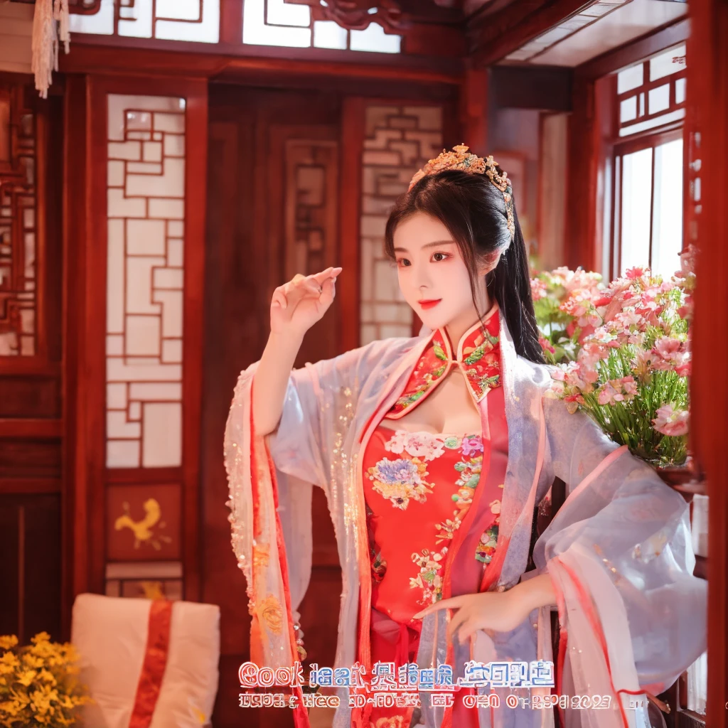 Create a realistic 3D image, wide angle, half body, with the highest resolution. A beautiful, cute Chinese female model, 20 years old, wearing Chinese national costumes, colorful, fashionable clothes, showing off her cleavage, standing in the living room of an ancient Chinese house.