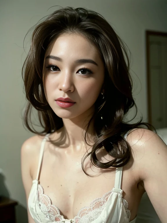 (best quality, masterpiece:1.2), A Woman, Portrait, Small Breast, Bra, bedroom