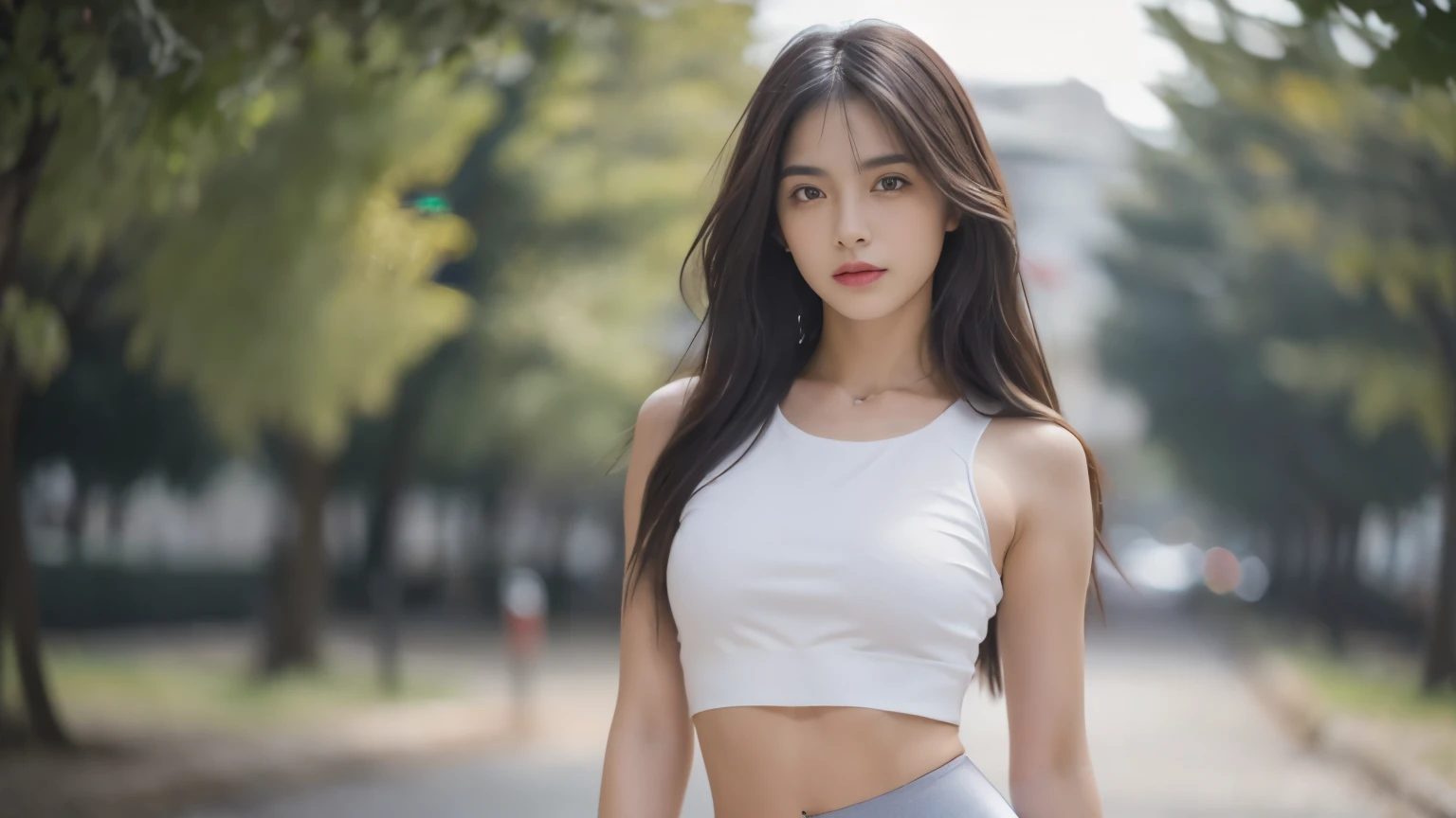 Obra maestra, La mejor calidad, ultra-high resolution, Foto de alto detalle, Unidad 8K Fondo de pantalla, CG extremadamente detallado:1.2),(Foto RAW:1.realistic photography:1.4), 1girll , joven, physically based representation, beautiful, (Cara finamente detallada:1.4, Ropa detallada), (Detallado:1.4) Cara hermosa, Profundidad de campo, Agregar capa, hiperrealista, 27 years old, Modelo de cuerpo perfecto, senos perfectos, 175cm de altura, pose sexy, cuerpo completo, Tipo de cuerpo del modelo, (white crop top, dark grey legging: 1.2), (Cabello largo:1.2), (Eimi Fukada:1.2), doble parpado, depth of field, bokeh, arms wide open