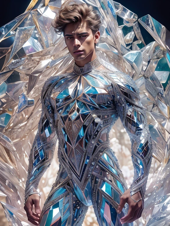 (realistic, Masterpiece, best quality, height, Highly detailed), Handsome young man poses nude surrounded by crystal, The identity of the crystal as a human, 18 year old male, bright colors, realistic light, SPARKLING REFLECTION, Bright and radiant skin, Chisel body, intense stare, striking features, Well-defined jaws, messy hair, Confident and relaxed posture, artistic elements, Elegant and elegant gestures, Fascinating and mesmerizing expression, The man's body is covered with delicate and complex crystals., Create a mesmerizing and ethereal effect., Impeccable attention to detail, Flawless surface rendering, The perfect combination of realism and fantasy, Incredible depth and dimensions, The difference that attracts attention between the smoothness of men's skin and the texture of the crystals, The combination of the human shape with the crystal that surrounds it seamlessly, Causes a sense of elegance, beauty, and mystery, A powerful symbol of purity and strength, embodied by the elements of the crystal., Expertly applied shadows and highlights to enhance the three-dimensional quality of the image., Expertly using colors to create a dream-like atmosphere, Delicate and delicate light and shadow, Create beautiful, spectacular and emotional scenes, Exquisite workmanship and skillful execution, capturing the essence of both the human form and the ethereal beauty of crystals, Create an impressive and memorable viewing experience.front view,full body image,((((Convex crotch))))