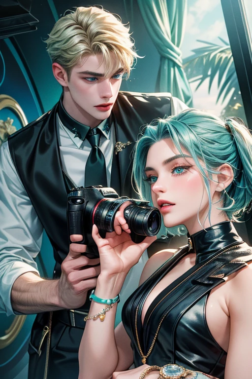 Masterpiece, Best Quality, 8k, Very Detailed, vector, top quality, handsome 23 years old young male idol and beautiful 20 years old young woman (with aqua blue) eyes and holding a camera, fashionable, romance, couple, lovers