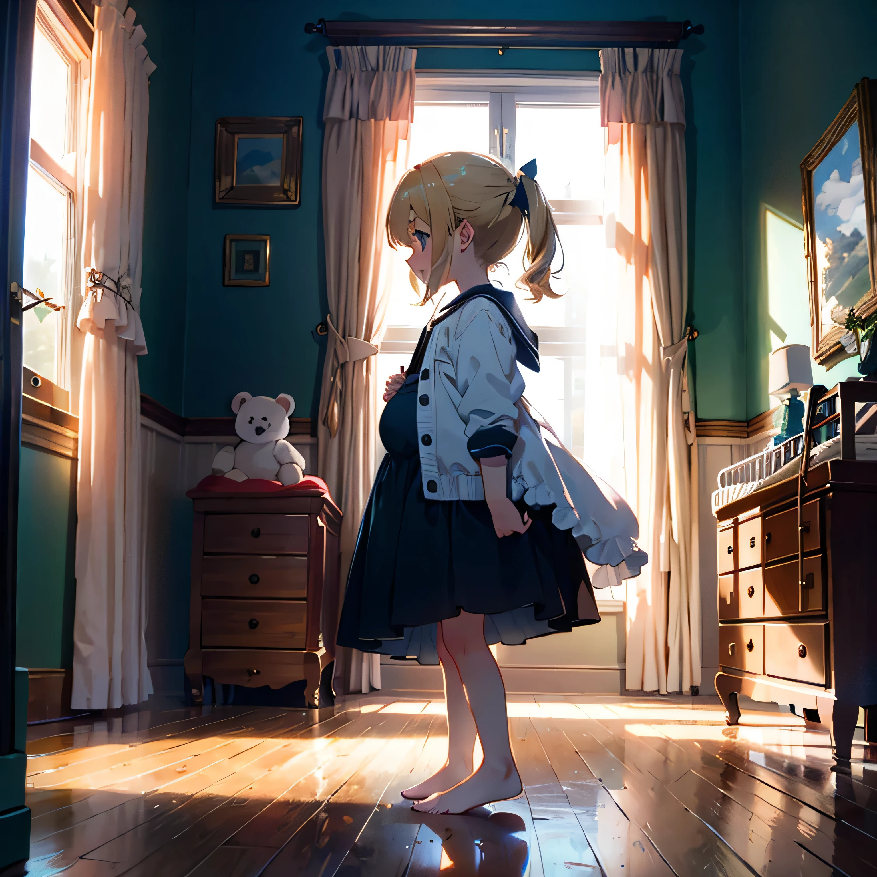Living room (fancy room, fancy colors, lots of accessories, stuffed animals, children's room), girl (8 years old), (short arms: 1 and a half years old), round face, (cute clothes, miniskirt (takes off) ), bare feet, (child: 1 and a half years old), (baby face: 1.4 ) )), sunlight, small breasts, blonde, super long hair, hair tied on the head, surface effect, color effect) profile, in front of the mirror A girl, a girl reflected in the mirror, another girl with a teddy bear behind her, Deltamon