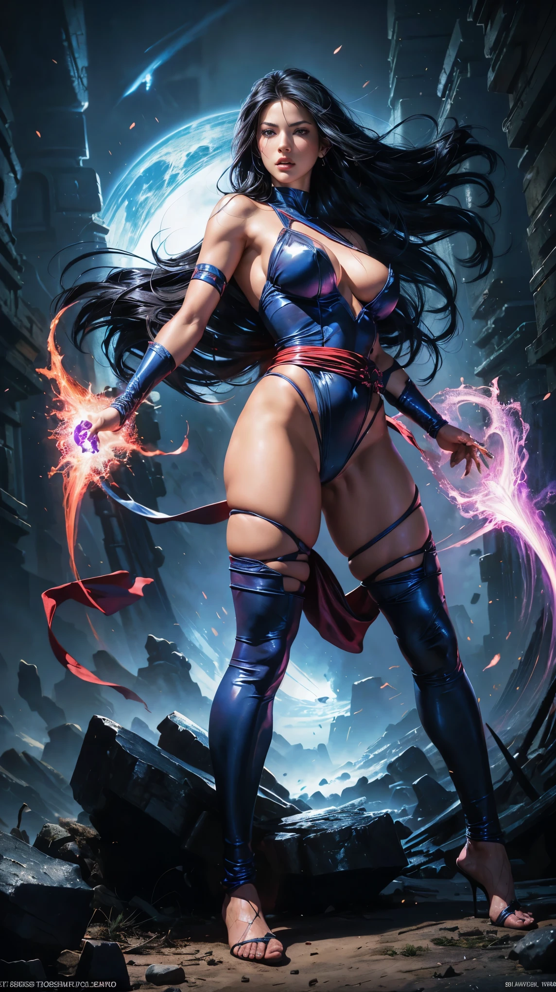 Art image of Olivia Munn as Psylocke, busty, beautiful, dark blue costume with red sash at her waist black hair, large breasts, by Louis Royo, Boris Vallejo, J. Scott Campbell, extreme focus, sharp details, sexy,  oily skin, show feet, full body