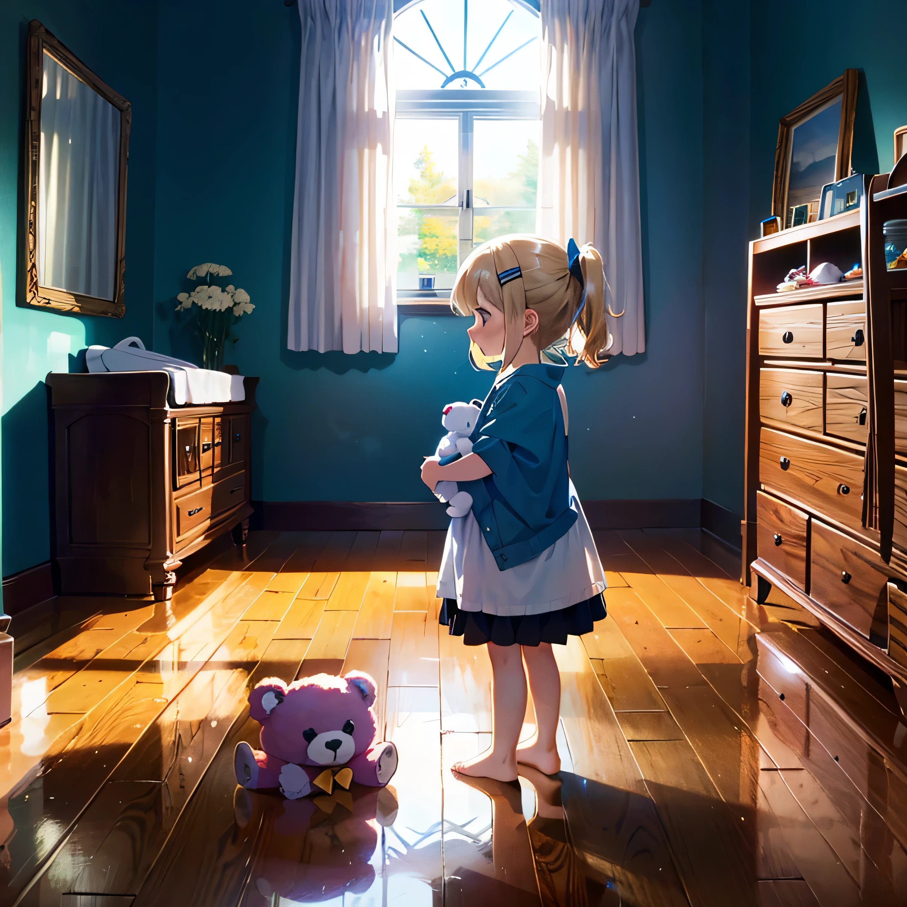 Living room (fancy room, fancy colors, lots of accessories, stuffed animals, children's room), girl (8 ), (short arms: 1 and a half years oldface, (cute clothes, miniskirt (takes off) ), bare feet, (child: 1 and a half years old), (baby  ) )), sunlig breasts, blonde, super long hair, hair tied on the head, surface effect, color effect) profile, in front of the mirror A girl, a girl reflected in the mirror, another girl with a teddy bear behind her, Deltamon