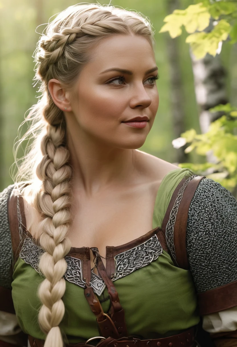 masterpiece:1.2), ultra-detailed, (realistic, photo-realistic:1.37), (full shot), (viking woman), scandinavian, 35 years old, chubby, "Ingrid Mueller" (light blonde hair braids), posing; different poses; birch forest, natural lighting, soft shadows, green color palette, relaxed expression, braided hair, gentle smile, peaceful atmosphere, spring leaves, fine art,full shot, natural body, natural pose, (medieval viking clothing), subtle wind blowing, serene mood, harmonious background, high resolution, detailed eyes, rosy cheeks, happy demeanor full shot, photorealistic, Gothic art, Gothic art, best quality, 4k, 8k, highres