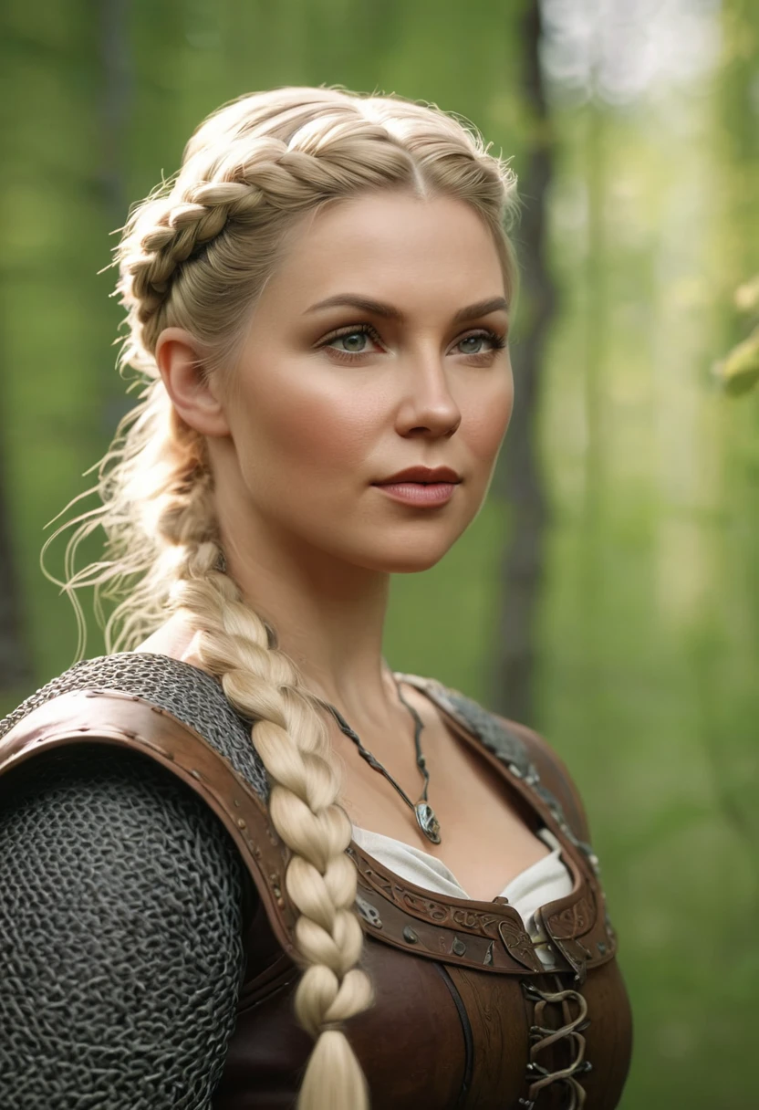 masterpiece:1.2), ultra-detailed, (realistic, photo-realistic:1.37), (full shot), (viking woman), scandinavian, 35 years old, chubby, "Ingrid Mueller" (light blonde hair braids), posing; different poses; birch forest, natural lighting, soft shadows, green color palette, relaxed expression, braided hair, gentle smile, peaceful atmosphere, spring leaves, fine art,full shot, natural body, natural pose, (medieval viking clothing), subtle wind blowing, serene mood, harmonious background, high resolution, detailed eyes, rosy cheeks, happy demeanor full shot, photorealistic, Gothic art, Gothic art, best quality, 4k, 8k, highres