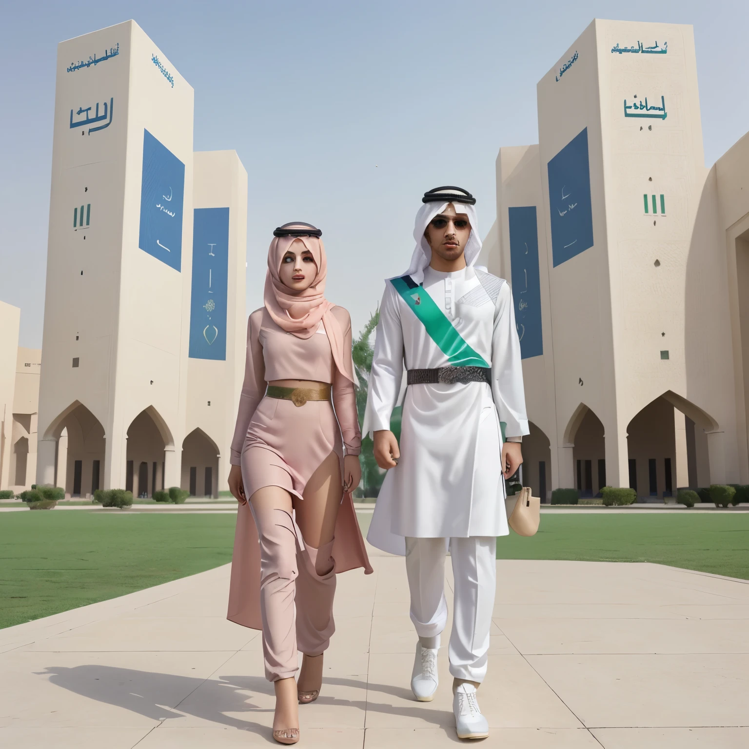 Greeting for Eid Al-Fitr 2024, with futuristic middle east campus environment, there are 2 students, middle east male and female, art style fashion.