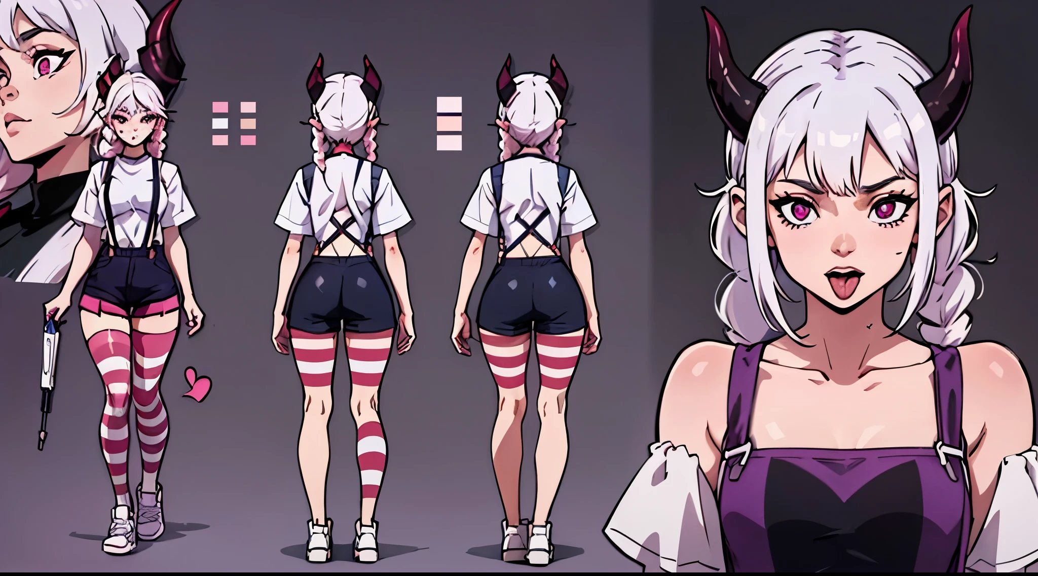 (Masterpiece, best quality), detailed, 1girl, ((character concept art)), ((character design sheet, same character, front, side, back)), many items, (black demon horns, topless, nude, many parts), detailed purple eyes, detailed face, A-pose, T-pose, small B cup boobs, white hair and white skin, detailed hair, warrior|barbarian style haircut, full of details.