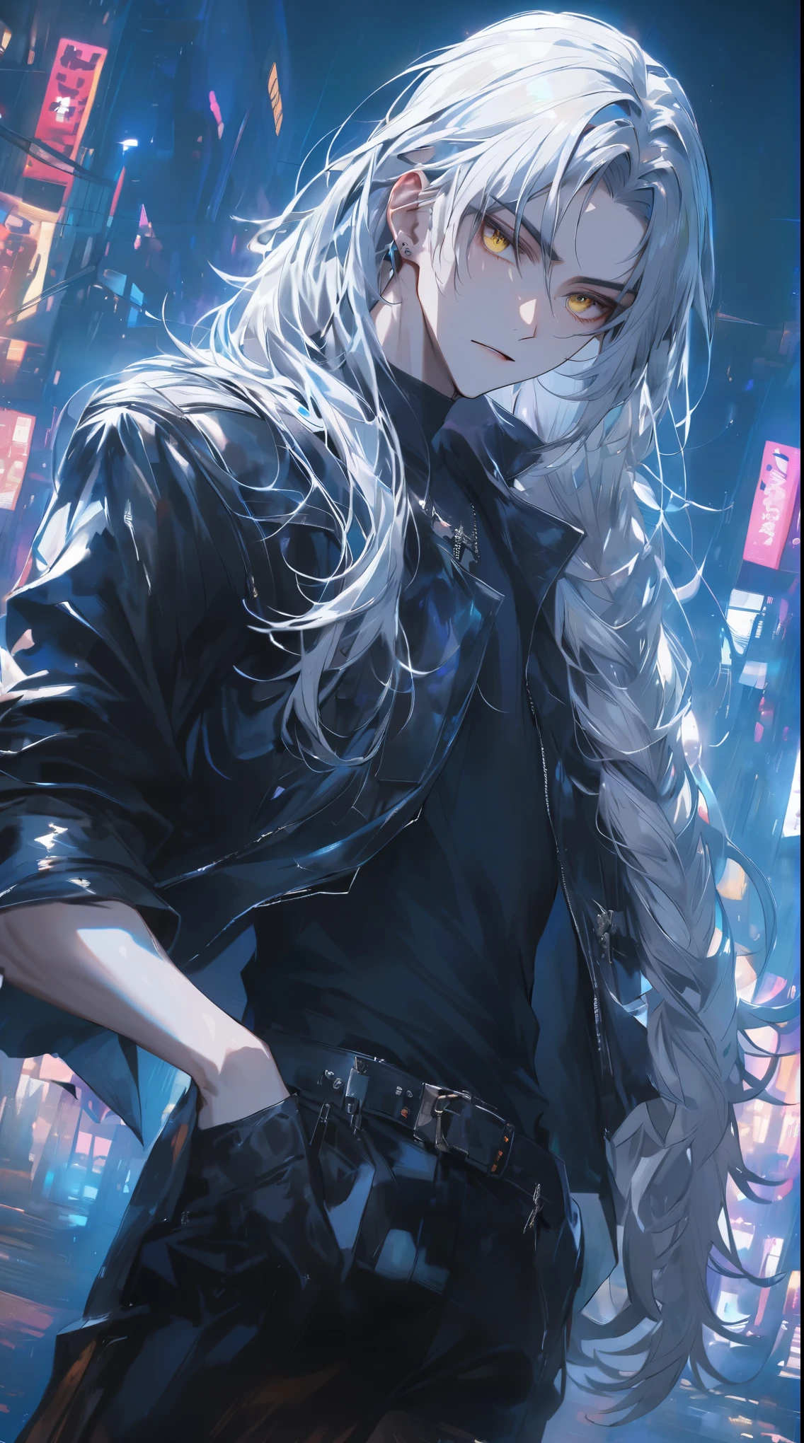 Beautiful young man, white hair, yellow eyes, long hair, lawless street corner, cool pose, black leather jacket, metal studs, torn leather pants, blurry neon lights