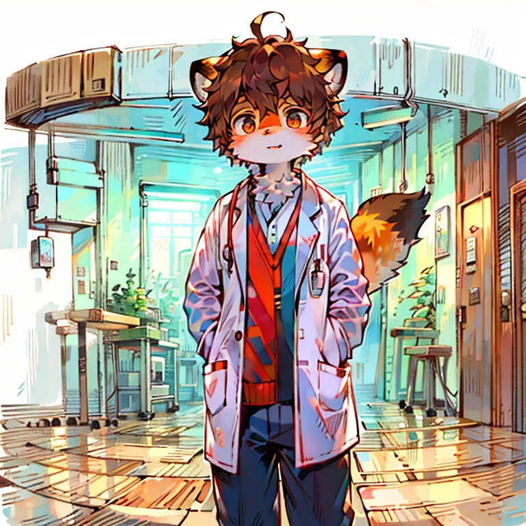 Panorama front view of a red panda wearing a white doctor coat. A teenage boy of normal build and brown hair. Red panda pattern and fur color. Red panda pattern on face. The furry little panda's tail droops. Standing in the genera clinic of a hospital with a stethoscope on his head. Bright and soft light in the morning. Clean white background. The scene is a modern hospital.