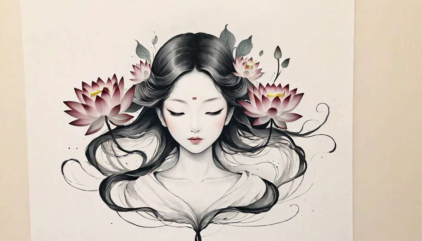 (Anime line drawing:1.5),(black and white painting:1.45),Minimalism,(line art:1.6),sketch,Charcoal drawing,mask,lotus