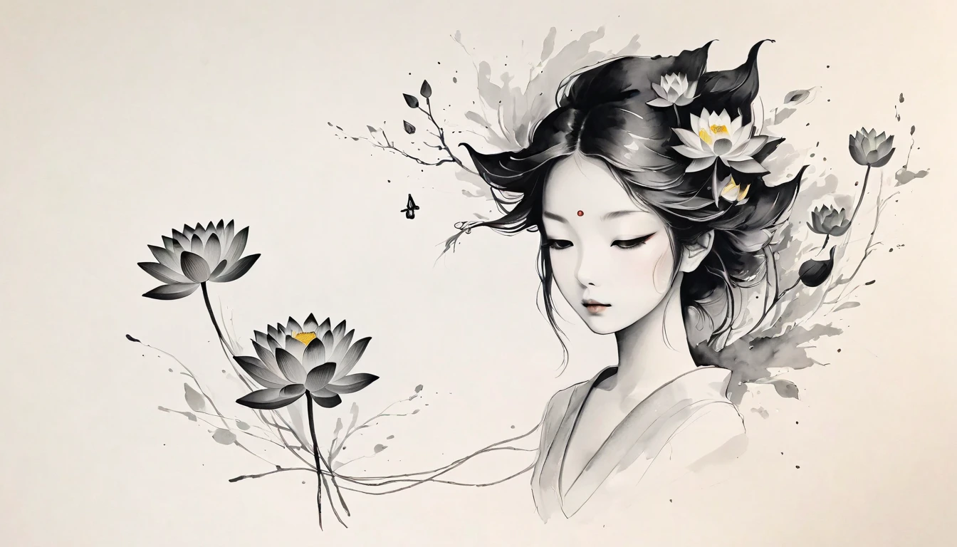 (Anime line drawing:1.5)，(black and white painting:1.45)，Minimalism，(line art:1.6)，sketch，Charcoal drawing，mask，lotus