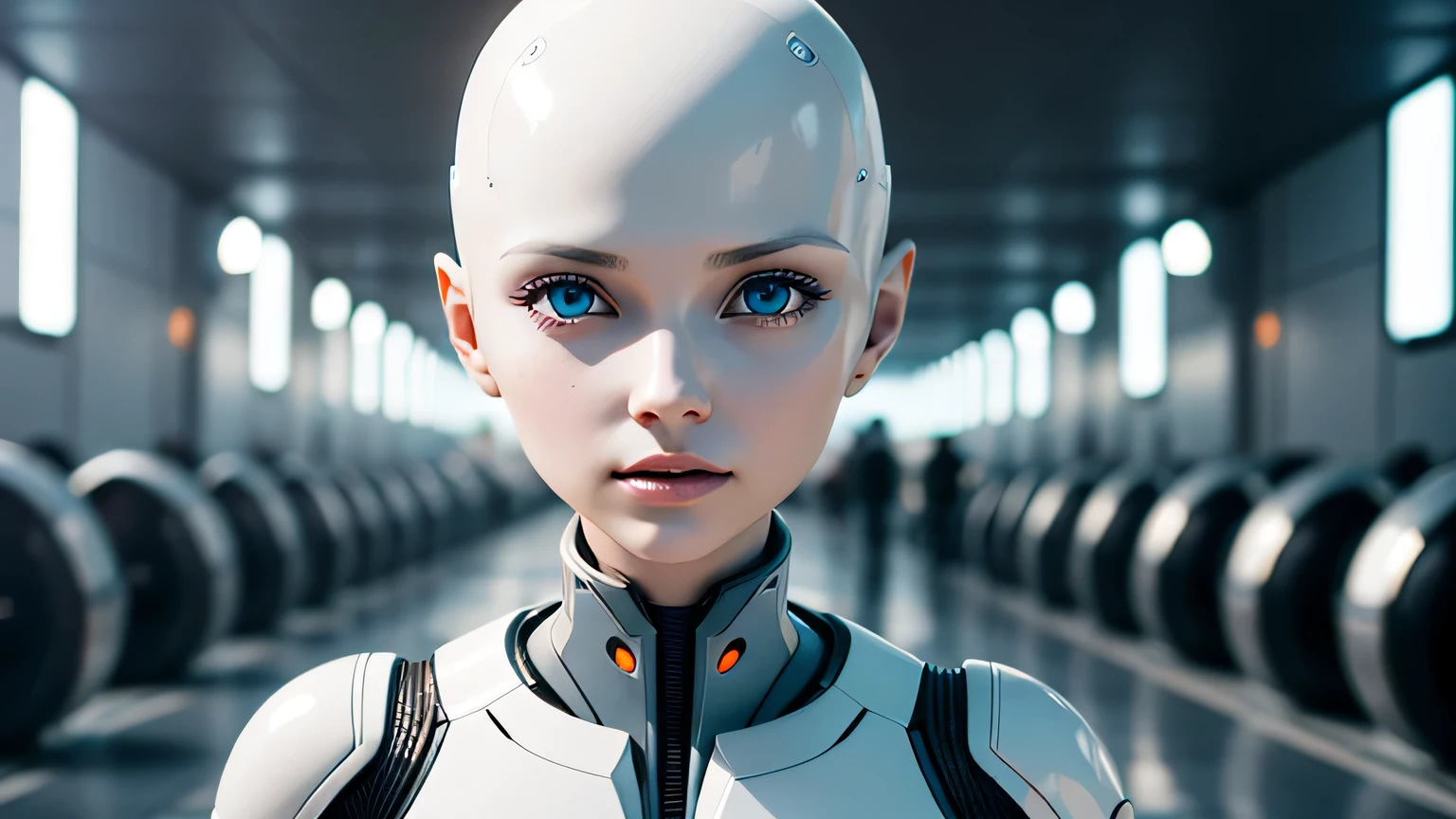 Futuristic white polymer android among people. Gynoid, pastel shades, neoteka, smooth, a photo of a beautiful (Sweet Linda) (The fembot), ((bald)) (Plastic white android head) (perfect teeth), with blue eyes (upper body) (RAW photo), (highly detailed skin:0.8), ray tracing, hyperrealistic, dramatic, 8k UHD, SLR camera, Soft lighting, high quality, granularity, Fujifilm XT3, (RAW photo), (highly detailed skin:0.8)