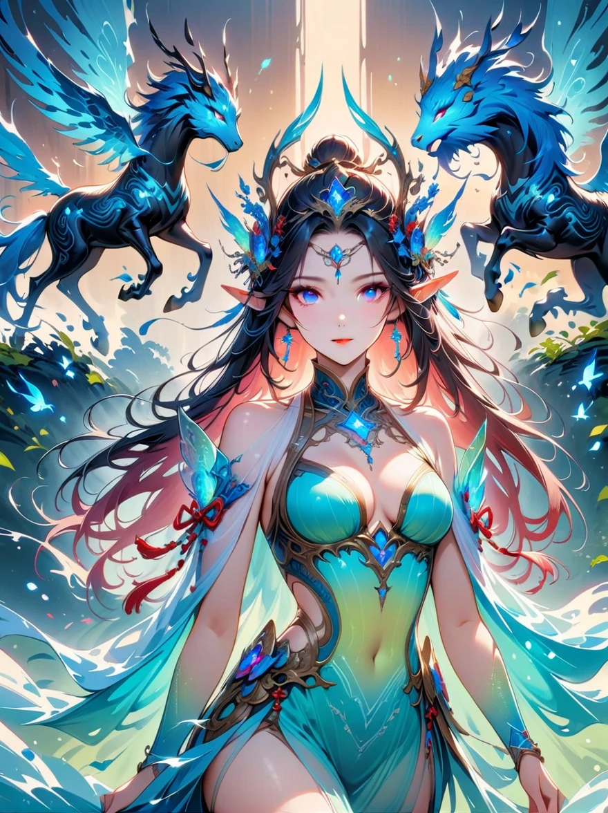 Works of Chinese style masters,(best quality, 4K, high resolution, masterpiece:1.2),Super detailed,lifelike,shining,Era Spirit,dream色彩,art,Ethereal,dream,whimsical creatures,detailed facial features,glowing eyes,Elf Beauty,Ethereal光辉,mythical creatures,composition,Dazzling colors,Stunning visual effects,otherworldly appearance,Fascinating artistry
