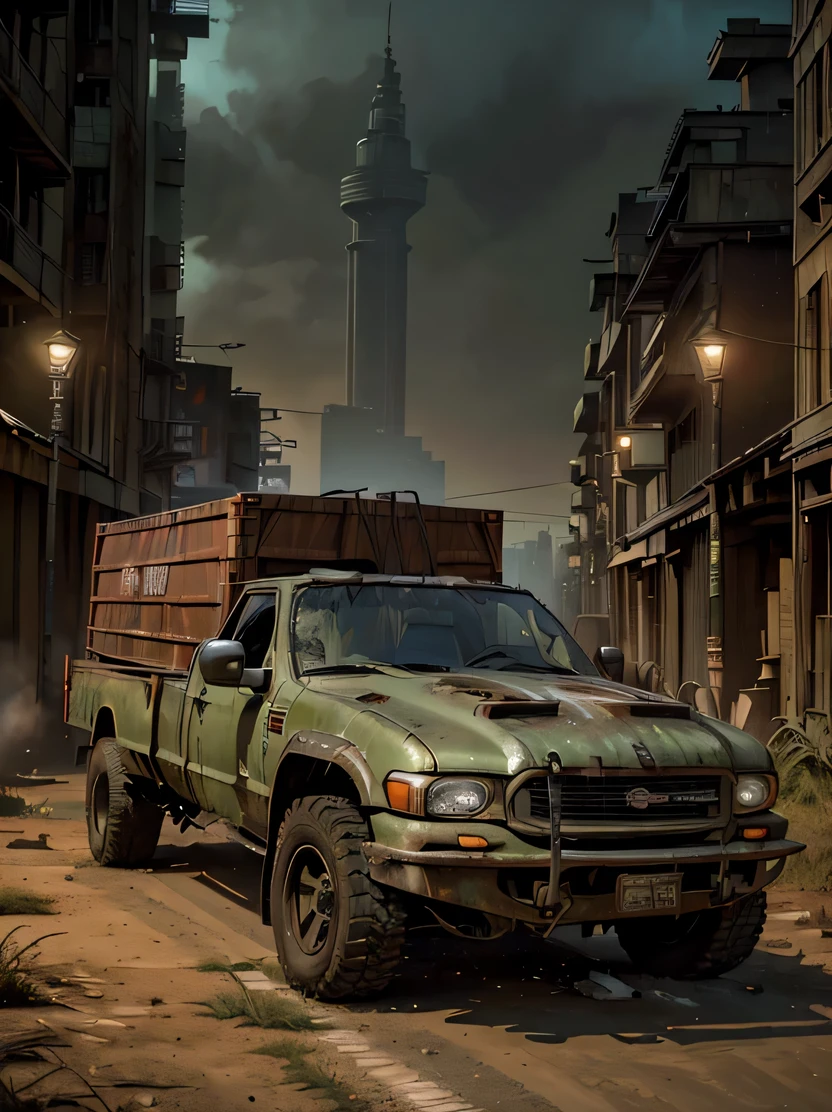 ((masterpiece、highest quality、genuine、Super detailed、High resolution、photorealistic、sharp focus、Live shooting、cinematic lighting))、((vehicle focus、there are no humans))、A huge six-wheeled truck loaded with containers、Conveyor truck、Abandoned city at dusk、spark、Olive drab paint、steampunk