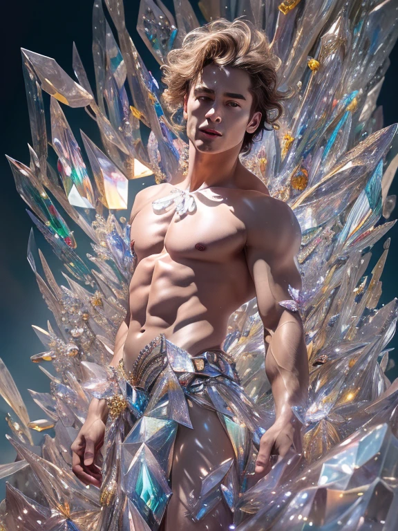 (realistic, Masterpiece, best quality, height, Highly detailed), Handsome young man poses nude surrounded by crystal, The identity of the crystal as a human, 18 year old male, bright colors, realistic light, SPARKLING REFLECTION, Bright and radiant skin, Chisel body, intense stare, striking features, Well-defined jaws, messy hair, Confident and relaxed posture, artistic elements, Elegant and elegant gestures, Fascinating and mesmerizing expression, The man's body is covered with delicate and complex crystals., Create a mesmerizing and ethereal effect., Impeccable attention to detail, Flawless surface rendering, The perfect combination of realism and fantasy, Incredible depth and dimensions, The difference that attracts attention between the smoothness of men's skin and the texture of the crystals, The combination of the human shape with the crystal that surrounds it seamlessly, Causes a sense of elegance, beauty, and mystery, A powerful symbol of purity and strength, embodied by the elements of the crystal., Expertly applied shadows and highlights to enhance the three-dimensional quality of the image., Expertly using colors to create a dream-like atmosphere, Delicate and delicate light and shadow, Create beautiful, spectacular and emotional scenes, Exquisite workmanship and skillful execution, capturing the essence of both the human form and the ethereal beauty of crystals, Create an impressive and memorable viewing experience.front view,full body image,((((Convex crotch))))