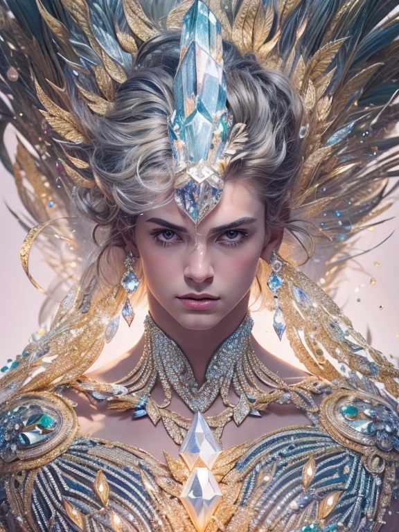 (realistic, Masterpiece, best quality, height, Highly detailed), Handsome young man poses nude surrounded by crystal, The identity of the crystal as a human, 18 year old male, bright colors, realistic light, SPARKLING REFLECTION, Bright and radiant skin, Chisel body, intense stare, striking features, Well-defined jaws, messy hair, Confident and relaxed posture, artistic elements, Elegant and elegant gestures, Fascinating and mesmerizing expression, The man's body is covered with delicate and complex crystals., Create a mesmerizing and ethereal effect., Impeccable attention to detail, Flawless surface rendering, The perfect combination of realism and fantasy, Incredible depth and dimensions, The difference that attracts attention between the smoothness of men's skin and the texture of the crystals, The combination of the human shape with the crystal that surrounds it seamlessly, Causes a sense of elegance, beauty, and mystery, A powerful symbol of purity and strength, embodied by the elements of the crystal., Expertly applied shadows and highlights to enhance the three-dimensional quality of the image., Expertly using colors to create a dream-like atmosphere, Delicate and delicate light and shadow, Create beautiful, spectacular and emotional scenes, Exquisite workmanship and skillful execution, capturing the essence of both the human form and the ethereal beauty of crystals, Create an impressive and memorable viewing experience.front view,full body image,((((Convex crotch))))