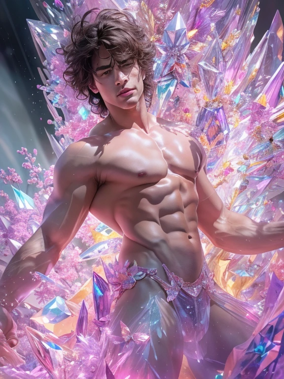(realistic, Masterpiece, best quality, height, Highly detailed), Handsome young man poses nude surrounded by crystal, The identity of the crystal as a human, 18 year old male, bright colors, realistic light, SPARKLING REFLECTION, Bright and radiant skin, Chisel body, intense stare, striking features, Well-defined jaws, messy hair, Confident and relaxed posture, artistic elements, Elegant and elegant gestures, Fascinating and mesmerizing expression, The man's body is covered with delicate and complex crystals., Create a mesmerizing and ethereal effect., Impeccable attention to detail, Flawless surface rendering, The perfect combination of realism and fantasy, Incredible depth and dimensions, The difference that attracts attention between the smoothness of men's skin and the texture of the crystals, The combination of the human shape with the crystal that surrounds it seamlessly, Causes a sense of elegance, beauty, and mystery, A powerful symbol of purity and strength, embodied by the elements of the crystal., Expertly applied shadows and highlights to enhance the three-dimensional quality of the image., Expertly using colors to create a dream-like atmosphere, Delicate and delicate light and shadow, Create beautiful, spectacular and emotional scenes, Exquisite workmanship and skillful execution, capturing the essence of both the human form and the ethereal beauty of crystals, Create an impressive and memorable viewing experience.front view,full body image,((((Convex crotch))))