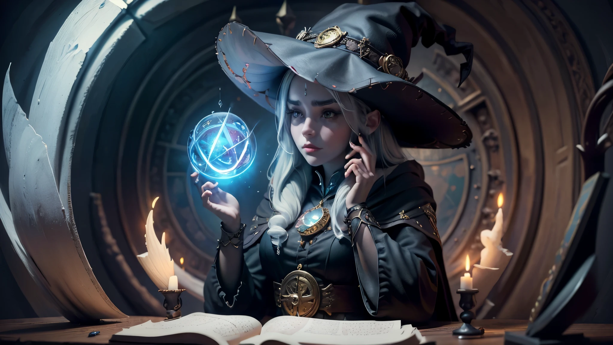 Witch super beautiful 1 girl looks sad、Inside the super mystery library、I&#39;m reading a book、thinking about something、(witchcore, magic, pagan, Mysterious, nature, occult) , magician, spell magic, magic circle, ((Magic in your hands)),(masterpiece, highest quality:1.4),(disorganized, High resolution, super detailed:1.2),(using dark magic:1.4), imaginative overlays, artistic fusion,fantastic scene, exciting story, impressive visuals, Upper body ，(((highest quality))),(((super detailed))),(((masterpiece)))