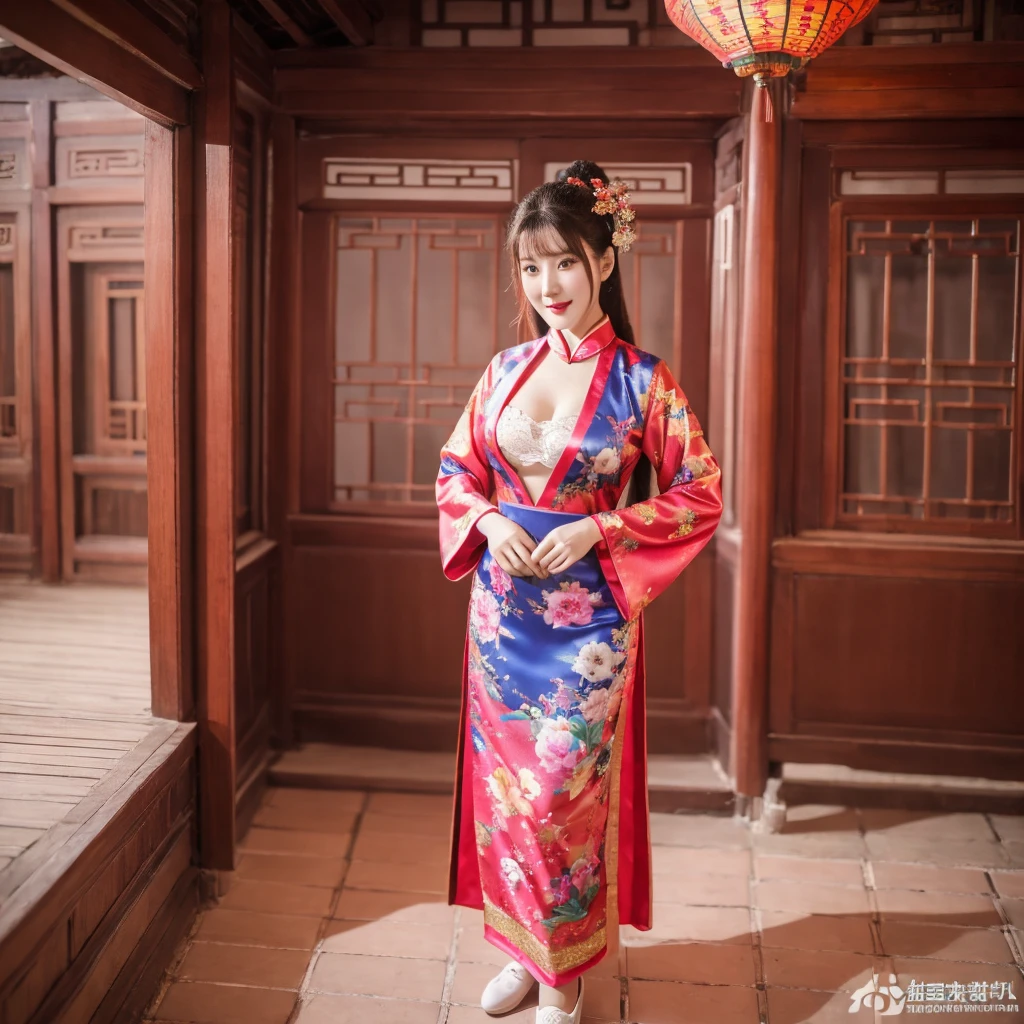 Create a realistic 3D image, wide angle, half body, with the highest resolution. A beautiful, cute Chinese female model, 20 years old, wearing Chinese national costumes, colorful, fashionable clothes, showing off her cleavage, standing in the bedroom of an ancient Chinese house.
